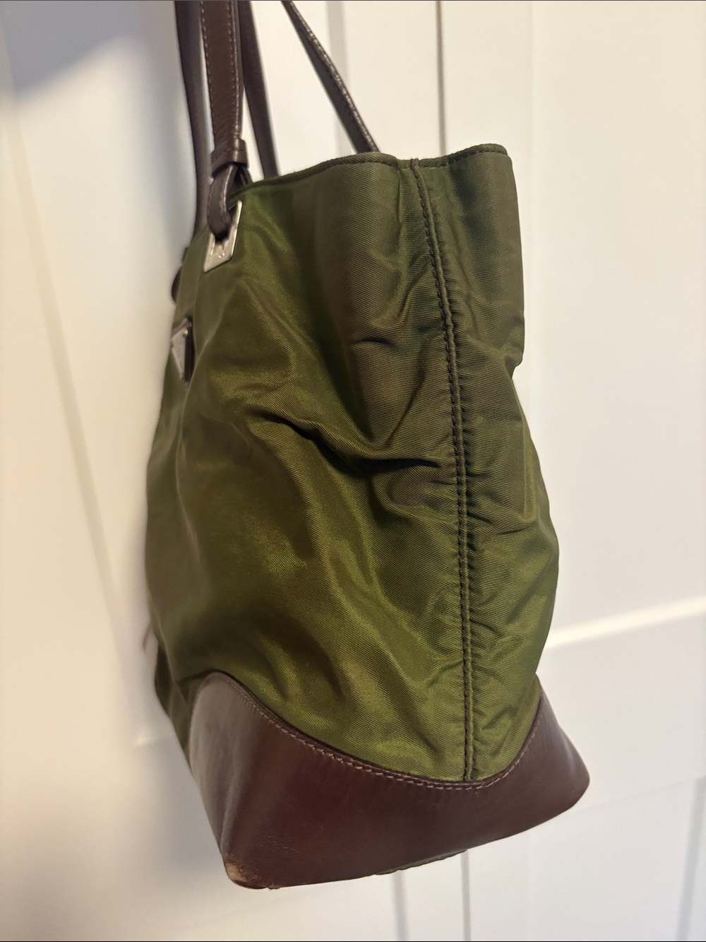 [Prada] Olive Green Nylon Shoulder Bag Handbag Purse Small Tote w/ Brown Leather - Picture 6 of 16